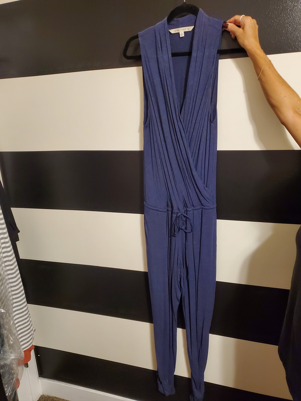 Max Studio Sleeveless Wrap-Front Navy Jumpsuit with Tie Waist